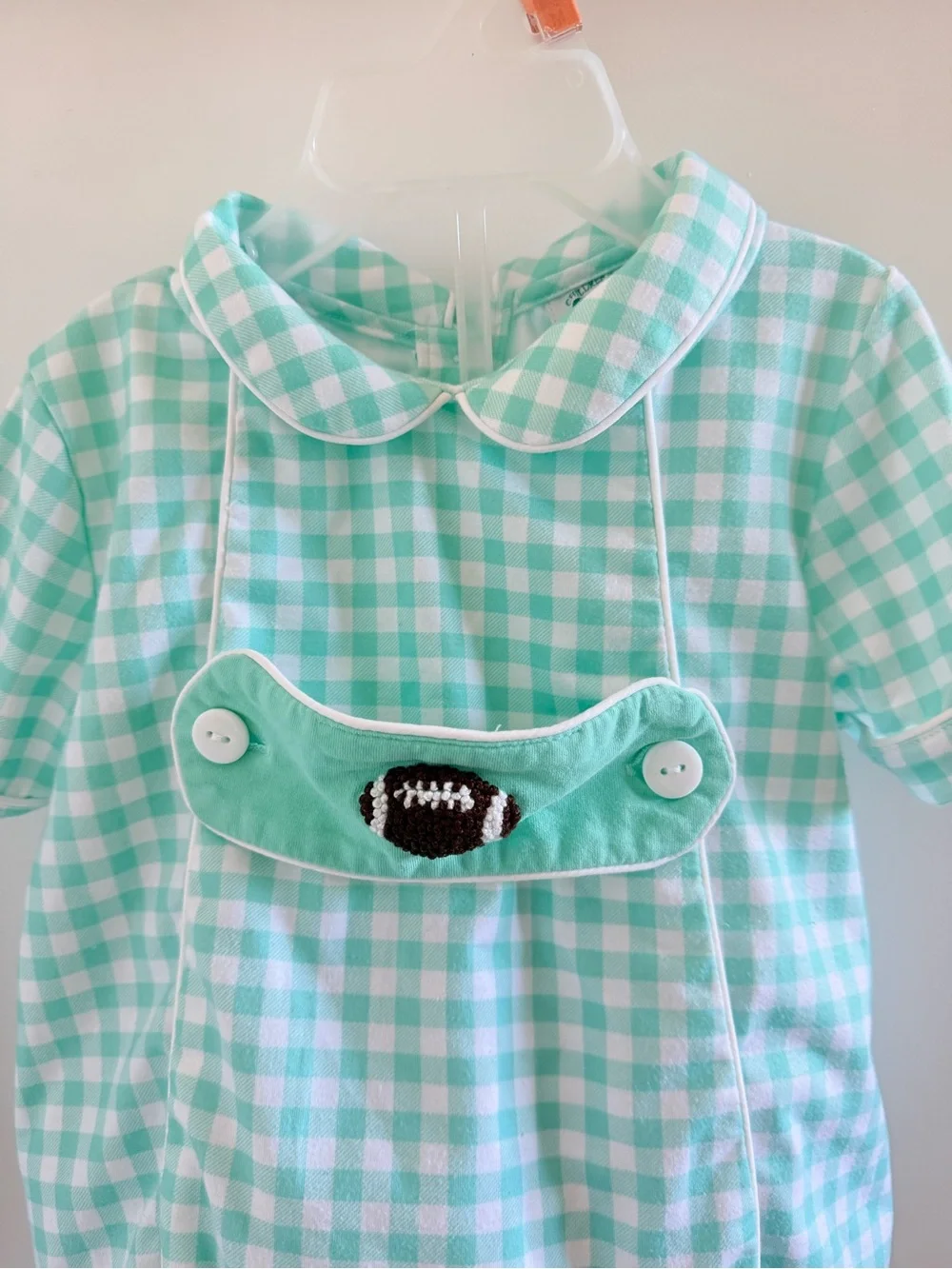 Southern Taters Mint Gingham Bubble Romper 9M Interchangeable Tabs Football Pump